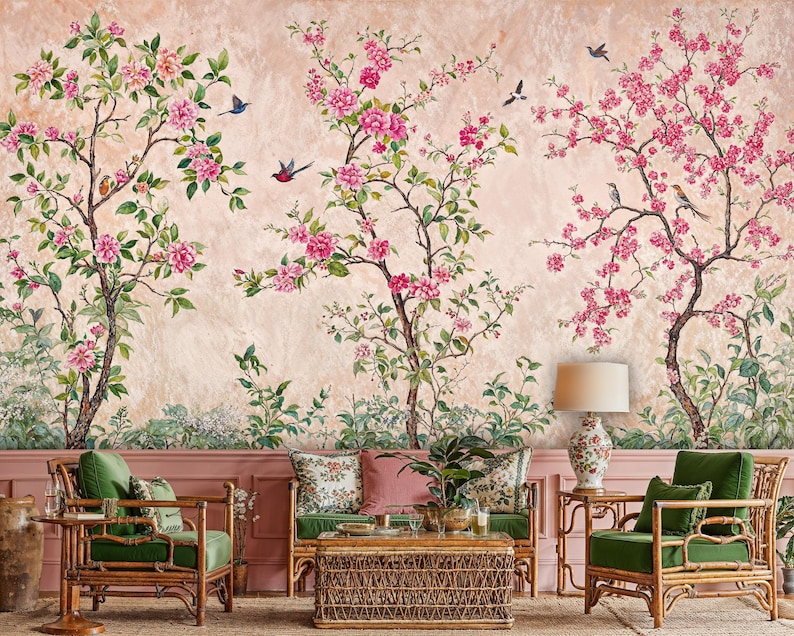 Chinoiserie Pink Blossom Peel and Stick Wallpaper: Botanical Vintage ...