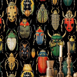 Close-up of colorful beetle wall mural with detailed insect patterns on black background. Styled with brass candle holders and decorative pieces, perfect for moody art-inspired interiors.