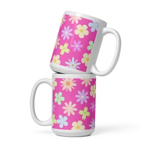 White glossy mug with fun groovy 70s flower digital design, Fun Sewing Mug, 70s Fan, Mid Flower Power Design, Teen, Gift