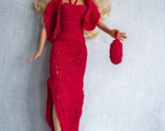 PDF Crochet Pattern for Elegant Long Red Dress for Fashion Dolls, Modern Crochet Clothes for Dolks, Collectible,  Dress Up, Dinner, Party