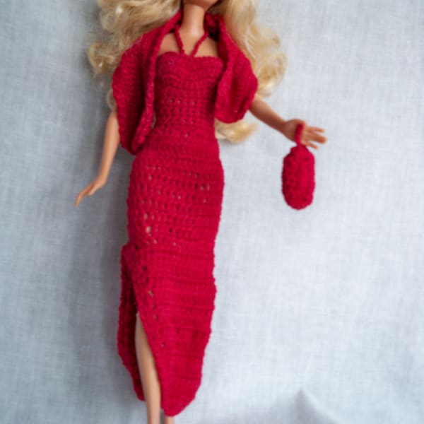 PDF Crochet Pattern for Elegant Long Red Dress for Fashion Dolls, Modern Crochet Clothes for Dolks, Collectible,  Dress Up, Dinner, Party