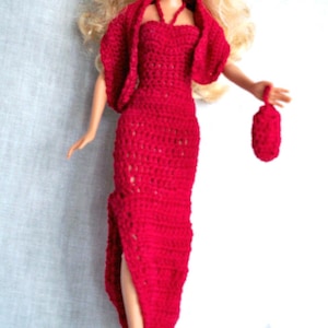 Red Crochet Dress PDF Pattern for Fashion Dolls – Elegant Long Party & Dinner Outfit, Modern Doll Clothes, Collectible Dress-Up Design
