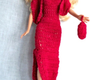 Crochet Doll Dress Pattern: Elegant Red Gown, Wrap & Purse (PDF)