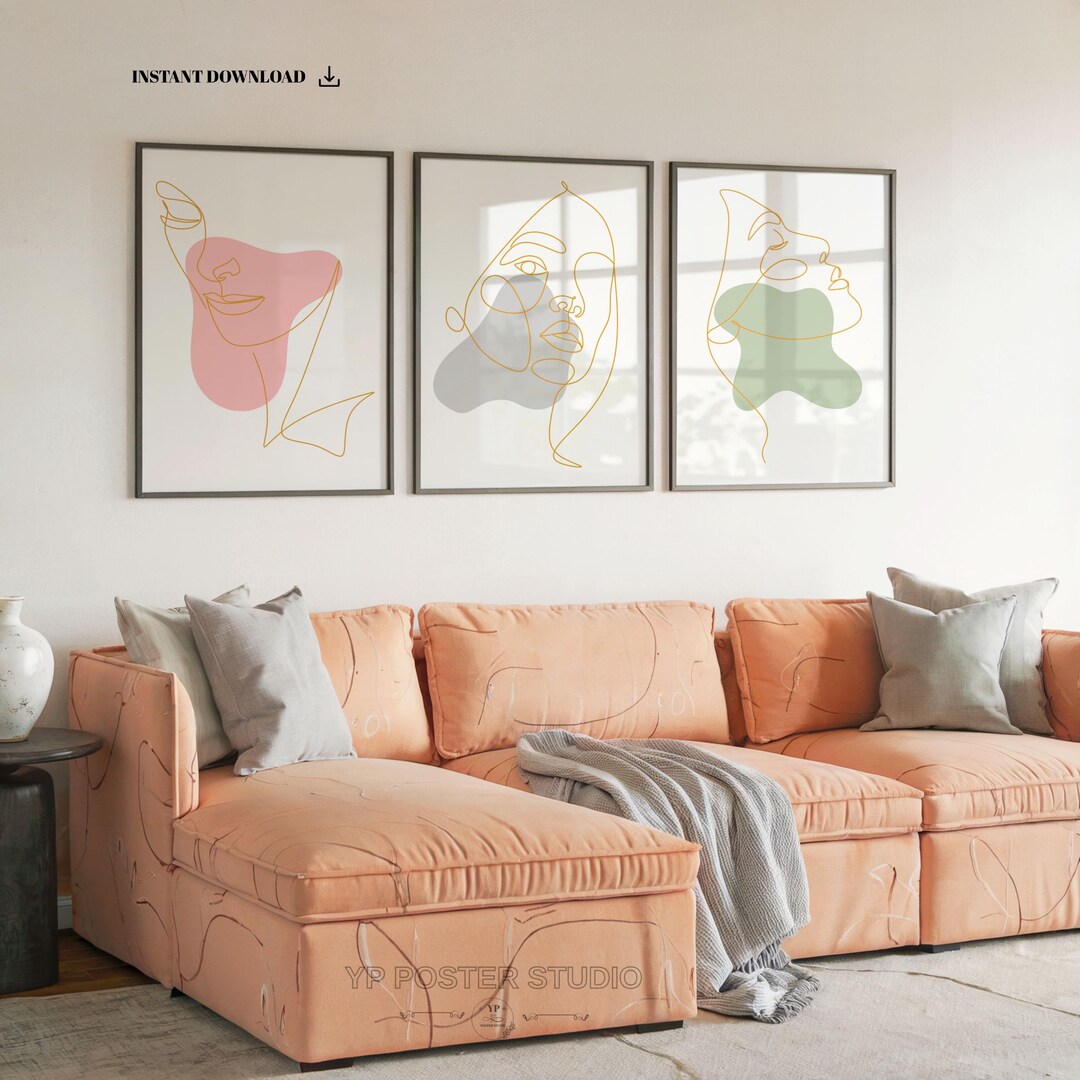 Gold Line Art Trio | Abstract Face Prints Set of 3 | Modern Minimal ...