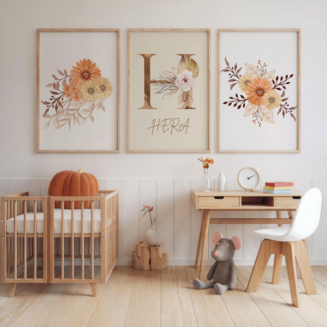 Personalized Boho Floral Nursery Prints | Neutral Baby Girl Wall Art ...