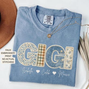 Personalized Gigi Shirt | Grandkids Names Faux Patchwork Comfort Colors Grandma Gift