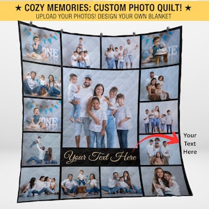 May include: Custom photo quilt featuring family photos. The quilt is a patchwork design with multiple images arranged in a grid. The text "COZY MEMORIES: CUSTOM PHOTO QUILT!" and "UPLOAD YOUR PHOTOS! DESIGN YOUR OWN BLANKET" are at the top.