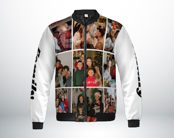 May include: White bomber jacket featuring a collage of family photos. The jacket has a black collar, cuffs, and hem. The sleeves have black text. The jacket is a unique and personalized piece of apparel.