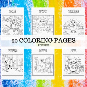 May include: A collection of 20 coloring pages in a PDF file, featuring numbers one through six with cartoon illustrations. The pages are black and white line drawings, perfect for children to color. The background is a colorful, abstract design.