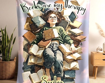 Custom Name Bookish Blanket, Books Are My Therapy, Cozy Reading Blanket for Book Lovers, Reading Lover Gift, Bookish Library Aesthetic