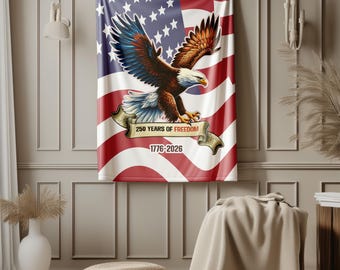 Patriotic Eagle Velveteen Blanket, USA Flag Throw, America 250th Anniversary, 1776 2026 Independence Day Home Decor