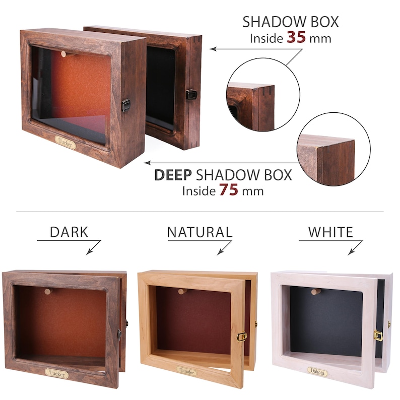 Pu&ograve; includere: Scatole ombra in legno nelle finiture scure, naturali e bianche. La scatola ombra profonda &egrave; di 75 mm all'interno, e la scatola ombra normale &egrave; di 35 mm all'interno. Ogni scatola ha un frontale in vetro, una porta a cerniera e una piccola chiusura in ottone.