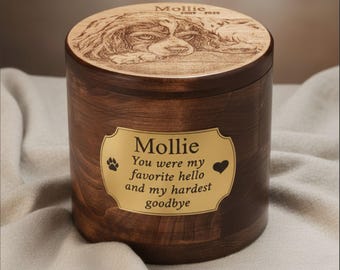 Custom Wooden Pet Urn with Photo, Engraved Dog Memorial Keepsake
