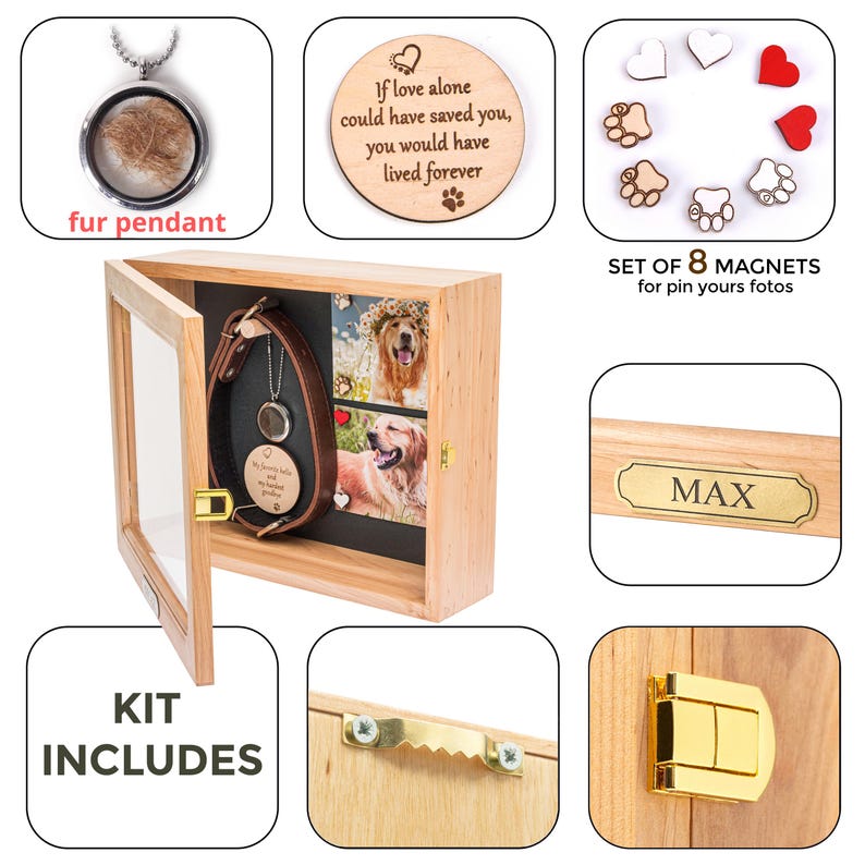 Pu&ograve; includere: Un kit commemorativo per animali domestici con un espositore in legno con porta in vetro, un ciondolo in pelliccia, un disco di legno con testo e magneti. La scatola contiene foto, un collare e un'etichetta. I magneti sono a forma di cuore e zampa.