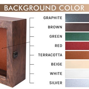 Pu&ograve; includere: Una vetrina in legno marrone scuro con interno color terracotta. L'immagine include una tabella colori con opzioni come grafite, marrone, verde, rosso, terracotta, beige, bianco e argento. Il testo "BACKGROUND COLOR" &egrave; in alto.