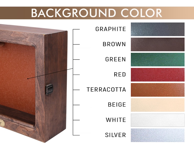 Pu&ograve; includere: Una vetrina in legno marrone scuro con interno color terracotta. L'immagine include una tabella colori con opzioni come grafite, marrone, verde, rosso, terracotta, beige, bianco e argento. Il testo "BACKGROUND COLOR" &egrave; in alto.