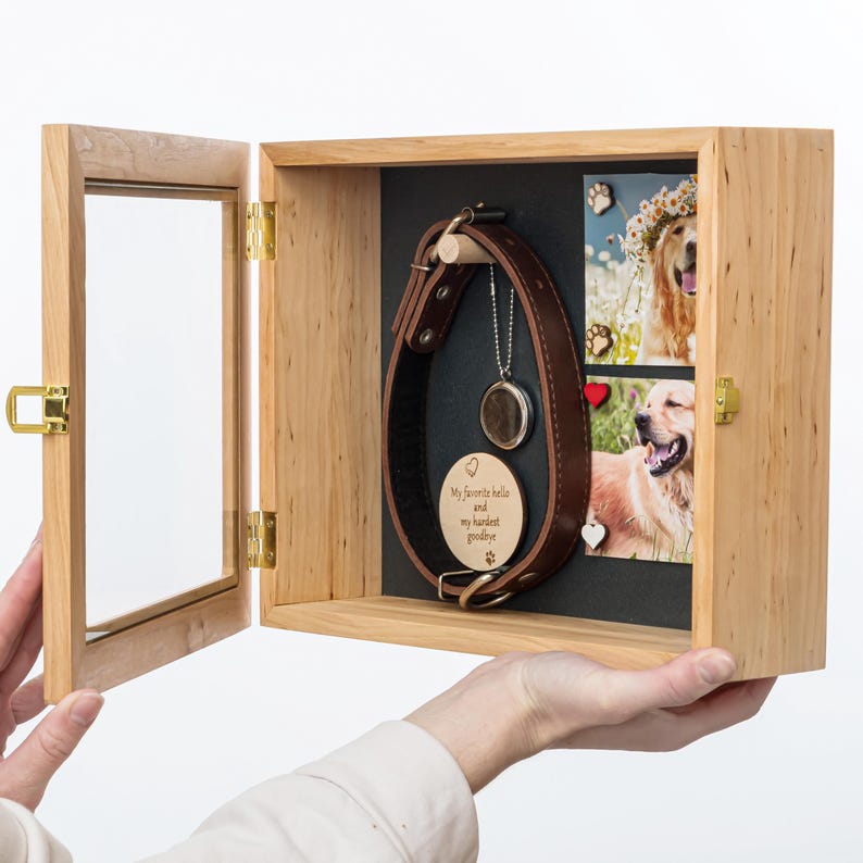 Pu&ograve; includere: Una scatola commemorativa in legno per animali domestici con porta in vetro, che mostra un collare per cani in pelle marrone, un ciondolo e due foto di un golden retriever. La scatola ha un interno nero e una targa in legno con testo.