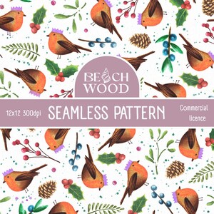 May include: A seamless pattern featuring illustrations of orange robins with purple crowns, pinecones, holly, and berries on a white background. The text "BEACH WOOD" is in a circular design, with the words "SEAMLESS PATTERN" below. The image also includes the text "12x12 300dpi" and "Commercial licence".