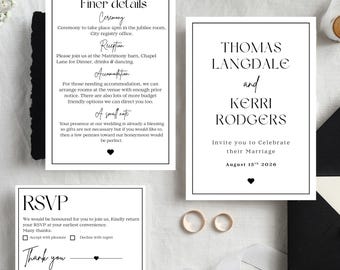 Könnte beinhalten: Hochzeitseinladungs-Set mit drei Karten und zwei goldenen Eheringen. Die Haupteinladungskarte enthält die Namen Thomas Langdale und Kerri Rodgers mit dem Datum 15. August 2026. Schwarzer Text auf weißem Hintergrund.