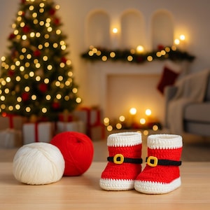 May include: A pair of red and white crocheted baby boots with black belts and gold buckles, resembling Santa's boots. A red and white yarn ball are next to the boots. A Christmas tree is in the background.