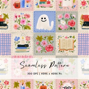 Papel digital floral estilo cottagecore con estampado de fantasmas rosas para Halloween (descarga JPG)