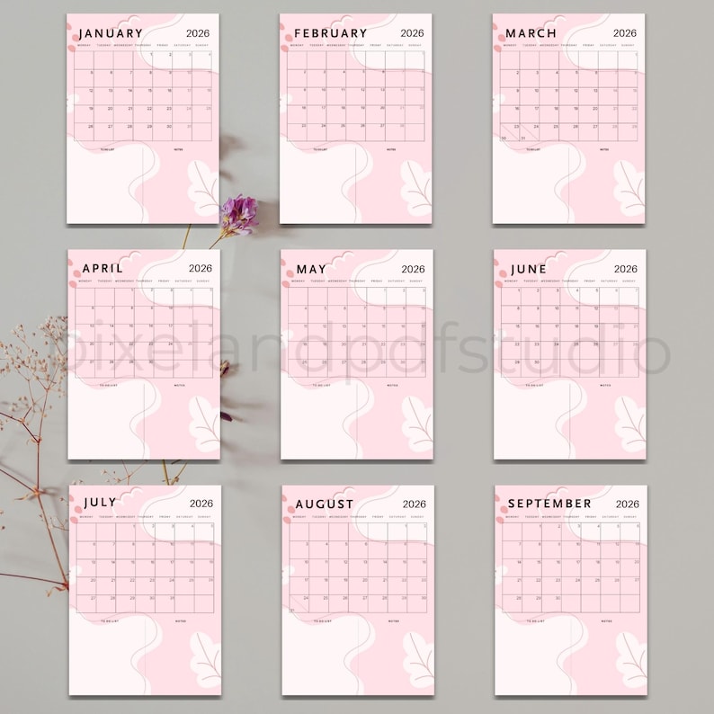 2026 Printable Monthly Planner Pink Minimalist Calendar Monday Sunday ...