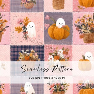 Puede incluir: Un patrón digital sin costuras que presenta una cuadrícula de cuadrados con ilustraciones de fantasmas blancos, calabazas naranjas y arreglos florales en cestas tejidas. El fondo alterna entre rosa suave, cuadros y texturas moteadas.