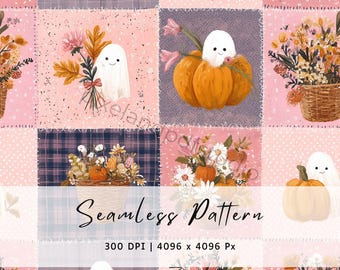 May include: A seamless digital pattern featuring a grid of squares with illustrations of white ghosts, orange pumpkins, and floral arrangements in woven baskets. The background alternates between soft pink, plaid, and speckled textures with text.