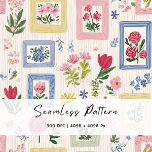 Op de afbeelding: Een naadloos patroon met ingelijste bloemstukken in gele, roze en blauwe frames. Het ontwerp bevat verschillende bloemen, bladeren en de tekst "Seamless Pattern". De achtergrond is lichtbeige met verticale lijnen.