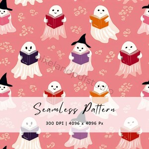 Cute Ghost Reading Books Seamless Pattern JPG | Halloween Book Lover Digital Paper | Kawaii Spooky Fabric Print