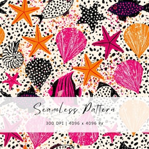 May include: A seamless pattern design with marine life illustrations. The pattern includes orange starfish, pink seashells, and black and white fish, set against a speckled off-white background. The words "Seamless Pattern" are displayed.