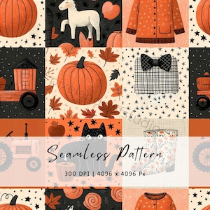 Peut inclure: Un motif répétitif automnal composé de citrouilles orange, d'un cheval blanc, d'un chat noir, d'un tracteur, de bottes de pluie à motifs floraux et de pulls. Le design inclut des étoiles noires, des feuilles d'automne et des carreaux sur fond crème.