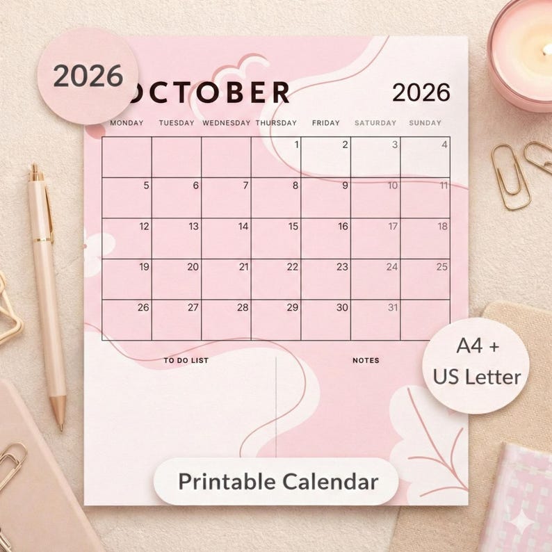 2026 Printable Monthly Planner Pink Minimalist Calendar Monday Sunday ...