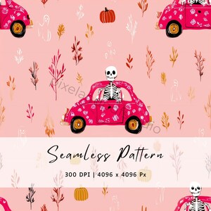 May include: A seamless pattern featuring a pink background with repeating illustrations of a bright pink car driven by a skeleton. The design includes orange pumpkins, white ghost outlines, and thin brown and red branches. Text reads Seamless Pattern 300 DPI 4096 x 4096 Px.