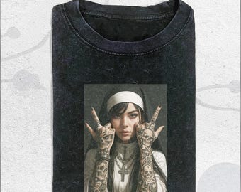 Vintage Washed Nun Shirt, Gothic Religious Aesthetic Tee, Gift Unisex Men Women, cG09Cd2d