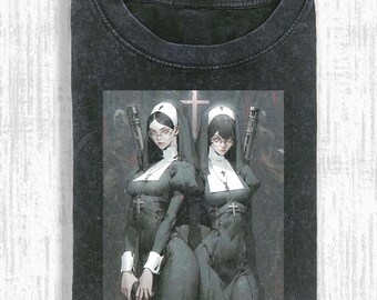 Vintage Wash Gothic Twin Nuns Graphic T-Shirt, Dark Religious Aesthetic Streetwear, Bad Habit Nun Shirt, cU09ZdTa