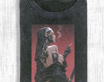 Vintage Washed Nun Shirt, Dark Religious Art Graphic Tee, Gift Unisex Men Women, cT09IdTb