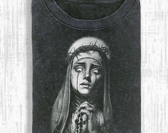 Vintage Washed Nun T-Shirt, Gothic Religious Aesthetic Tee, Occult Style Graphic Shirt, cX09Nd4b