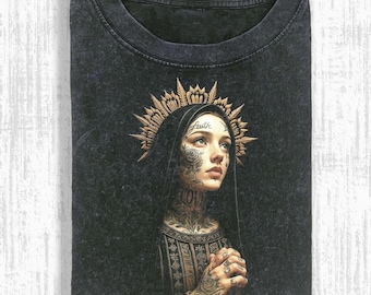 Vintage Washed Gothic Nun Tattoo Art T-Shirt, Dark Religious Aesthetic Streetwear, Occult Horror Streetwear, cS099d3c