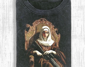 Vintage Washed Nun T-Shirt, Gothic Religious Aesthetic Tee, Occult Horror Streetwear, cQ09JdHa