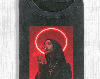 Vintage Washed Gothic Nun Tattoo Art T-Shirt, Occult Horror Streetwear, Gift Unisex Men Women, cW09YdGd