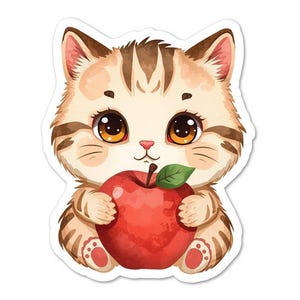 以下が含まれることがあります： 赤いリンゴを持った可愛い子猫の水彩ステッカー。子猫は茶色とベージュの毛並み、大きな茶色の目、ピンクの鼻をしています。リンゴには緑の葉があります。ステッカーは白い背景にあります。