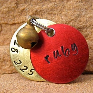 The Ruby 035 Unique Red Brass Bell Pet ID Tag Brass Small Dog Cat Handstamped image 1