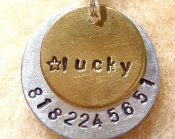 Lucky Star (#122) - Unique Handstamped Pet ID Tag Layered 2 Disc Dogs Brass Aluminum