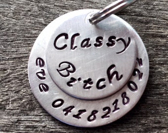 Eve (#134) - Rude Humor Unique Handstamped Pet ID Tag Layered 2 Disc Dogs