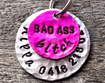 The Nippa (#136) - Rude Humor Pink Silver Distressed Hammered Unique Handstamped Pet ID Tag Layered 2 Disc Dogs