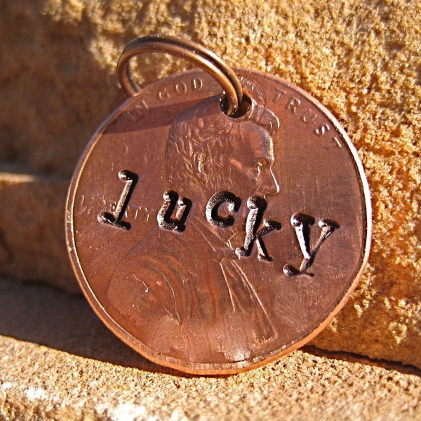 Lucky Penny (#072)- Unique Handstamped Pet ID Tag Copper Small Dog Cat Add On for Larger Dog