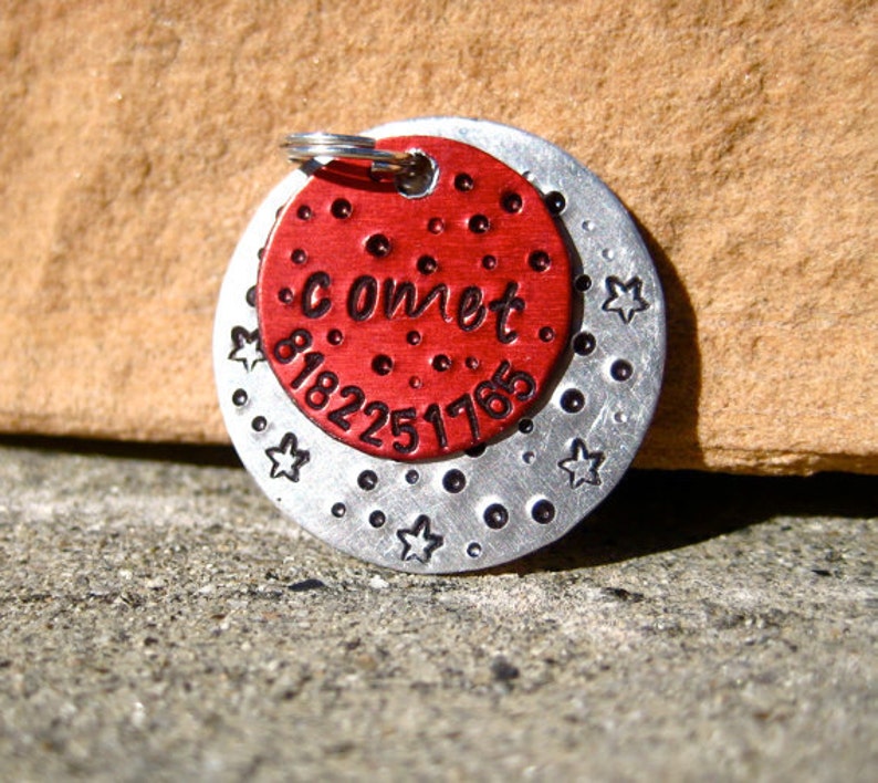 The Comet 093 Unique Handstamped Pet ID Tag Red Silver Aluminum Galaxy Dogs image 4