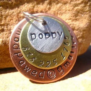 The Poppy 026 Unique Handstamped Pet ID Email Tag Layered 3 Disc Dogs image 1