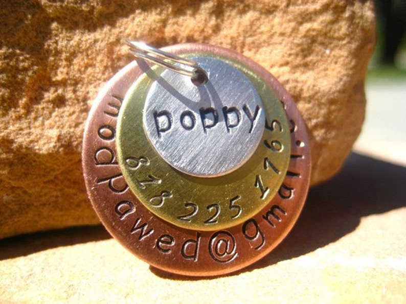 The Poppy 026 Unique Handstamped Pet ID Email Tag Layered 3 Disc Dogs image 1